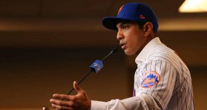 NEW YORK, NY - JANUARY 24: Luis Rojas speaks after being introduced as the new manager of the New York Mets at Citi Field on January 24, 2020 in New York City. Rojas had been the Mets quality control coach and was tapped as a replacement after the newly hired Carlos Beltrán was implicated for his role as a player in 2017 in the Houston Astros sign-stealing scandal.