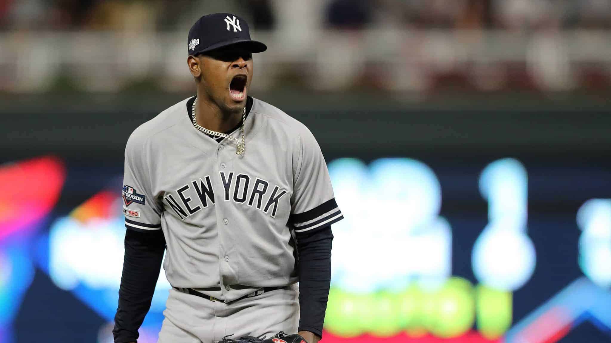 MINNEAPOLIS, MINNESOTA - OCTOBER 07: Luis Severino #40 of the New York Yankees reacts after striking out Jake Cave #60 of the Minnesota Twins with the bases loaded in the second inning of game three of the American League Division Series at Target Field on October 07, 2019 in Minneapolis, Minnesota.