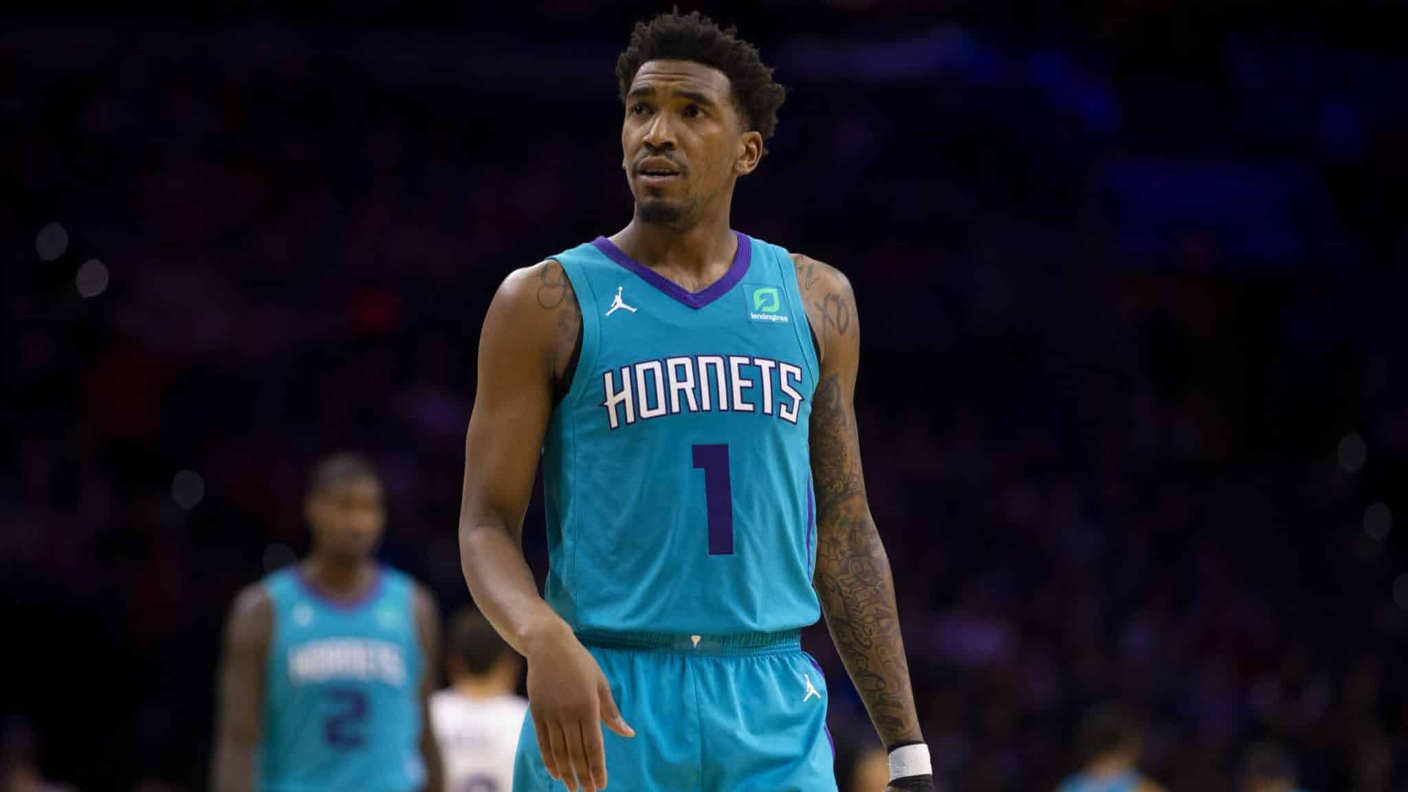 PHILADELPHIA, PA - NOVEMBER 10: Malik Monk #1 of the Charlotte Hornets looks on against the Philadelphia 76ers at the Wells Fargo Center on November 10, 2019 in Philadelphia, Pennsylvania. The 76ers defeated the Hornets 114-106. NOTE TO USER: User expressly acknowledges and agrees that, by downloading and/or using this photograph, user is consenting to the terms and conditions of the Getty Images License Agreement.