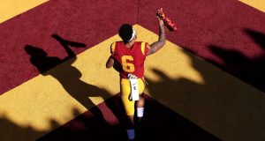 LOS ANGELES, CALIFORNIA - NOVEMBER 23: Michael Pittman Jr. #6 of the USC Trojans runs onto the field prior to a game against the UCLA Bruins at Los Angeles Memorial Coliseum on November 23, 2019 in Los Angeles, California.
