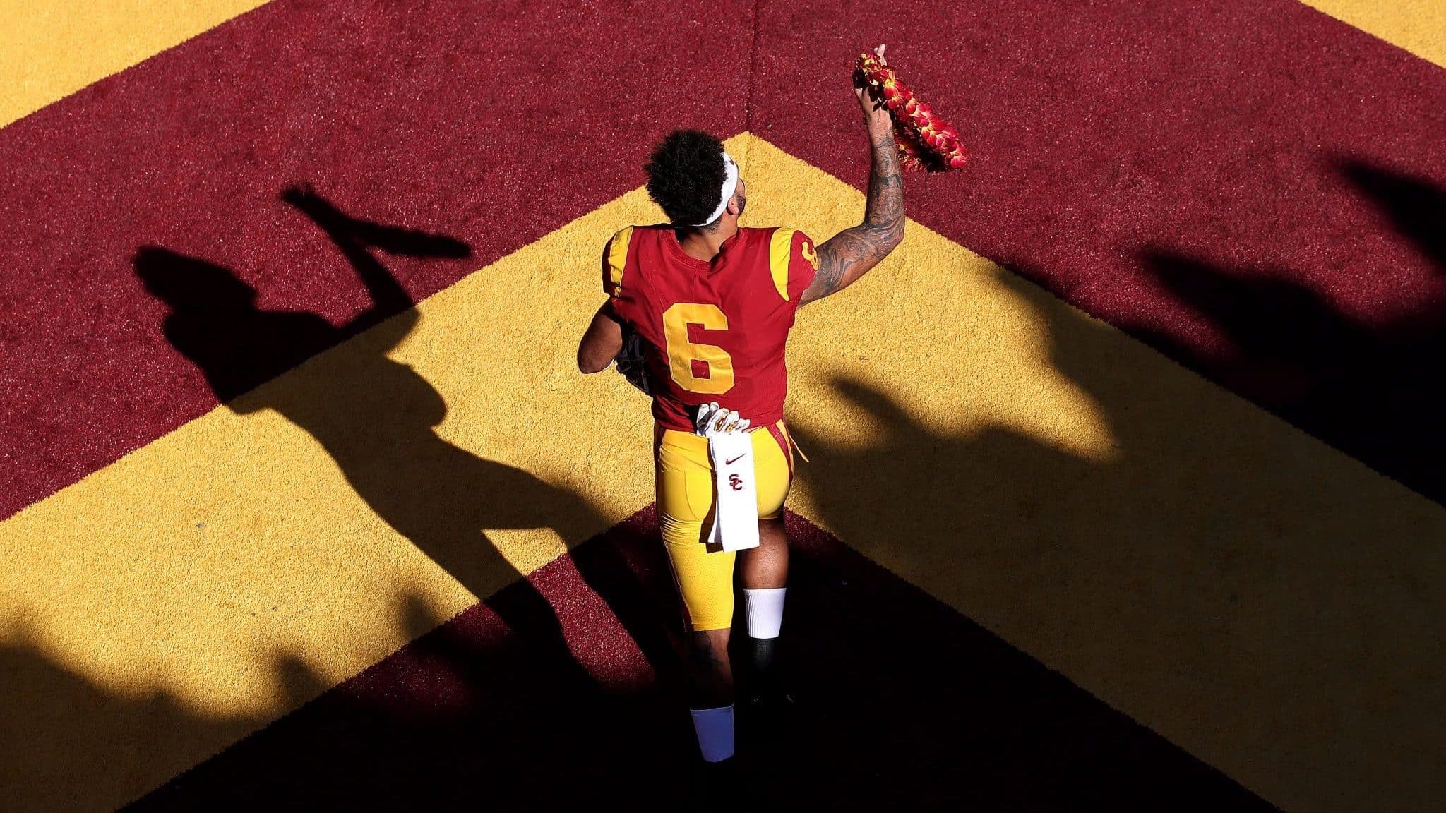 LOS ANGELES, CALIFORNIA - NOVEMBER 23: Michael Pittman Jr. #6 of the USC Trojans runs onto the field prior to a game against the UCLA Bruins at Los Angeles Memorial Coliseum on November 23, 2019 in Los Angeles, California.