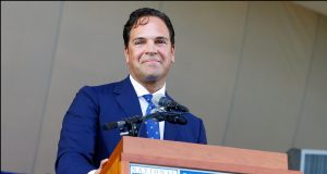 COOPERSTOWN, NY - JULY 24: Mike Piazza gives his induction speech at Clark Sports Center during the Baseball Hall of Fame induction ceremony on July 24, 2016 in Cooperstown, New York.