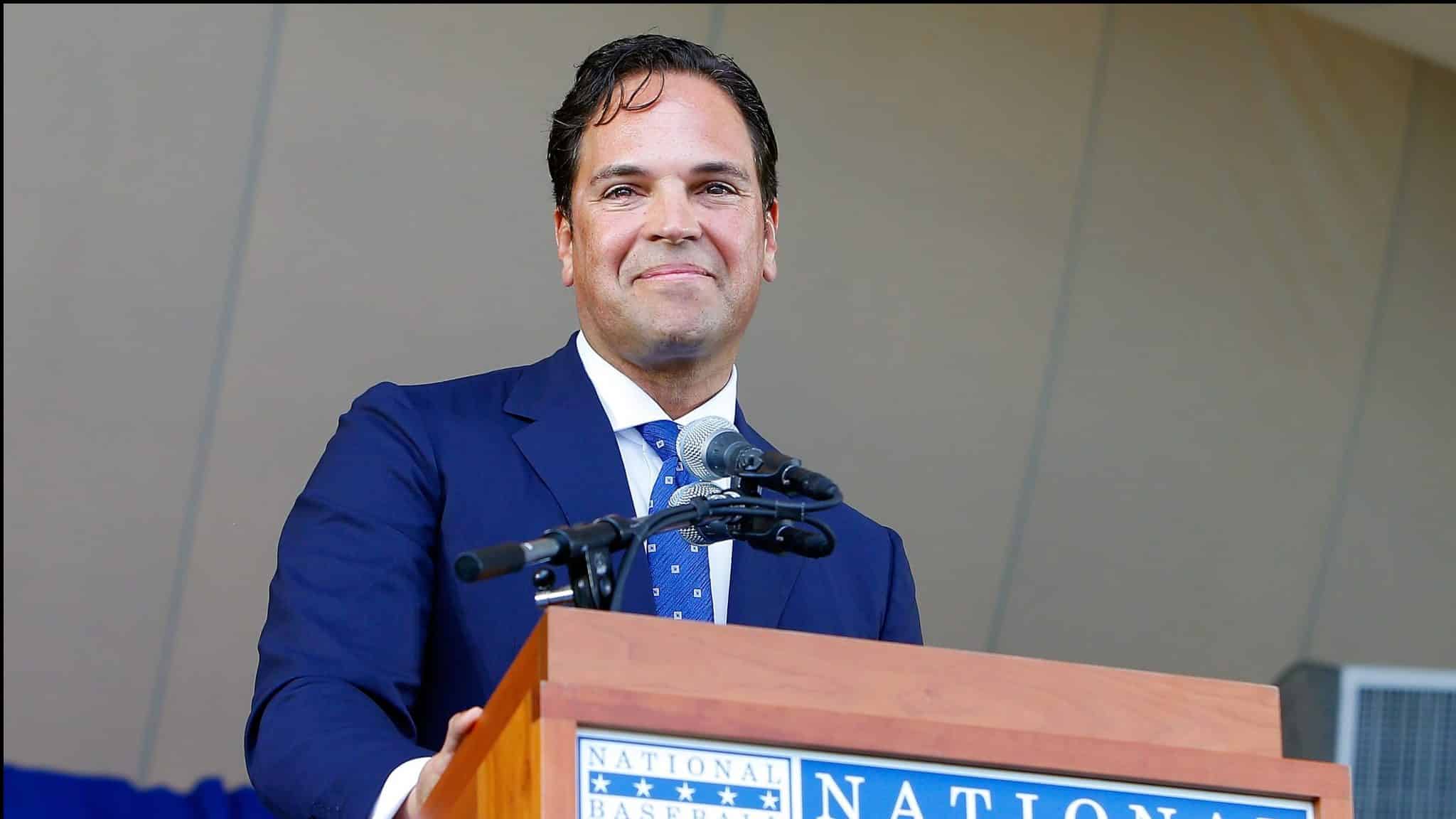 COOPERSTOWN, NY - JULY 24: Mike Piazza gives his induction speech at Clark Sports Center during the Baseball Hall of Fame induction ceremony on July 24, 2016 in Cooperstown, New York.