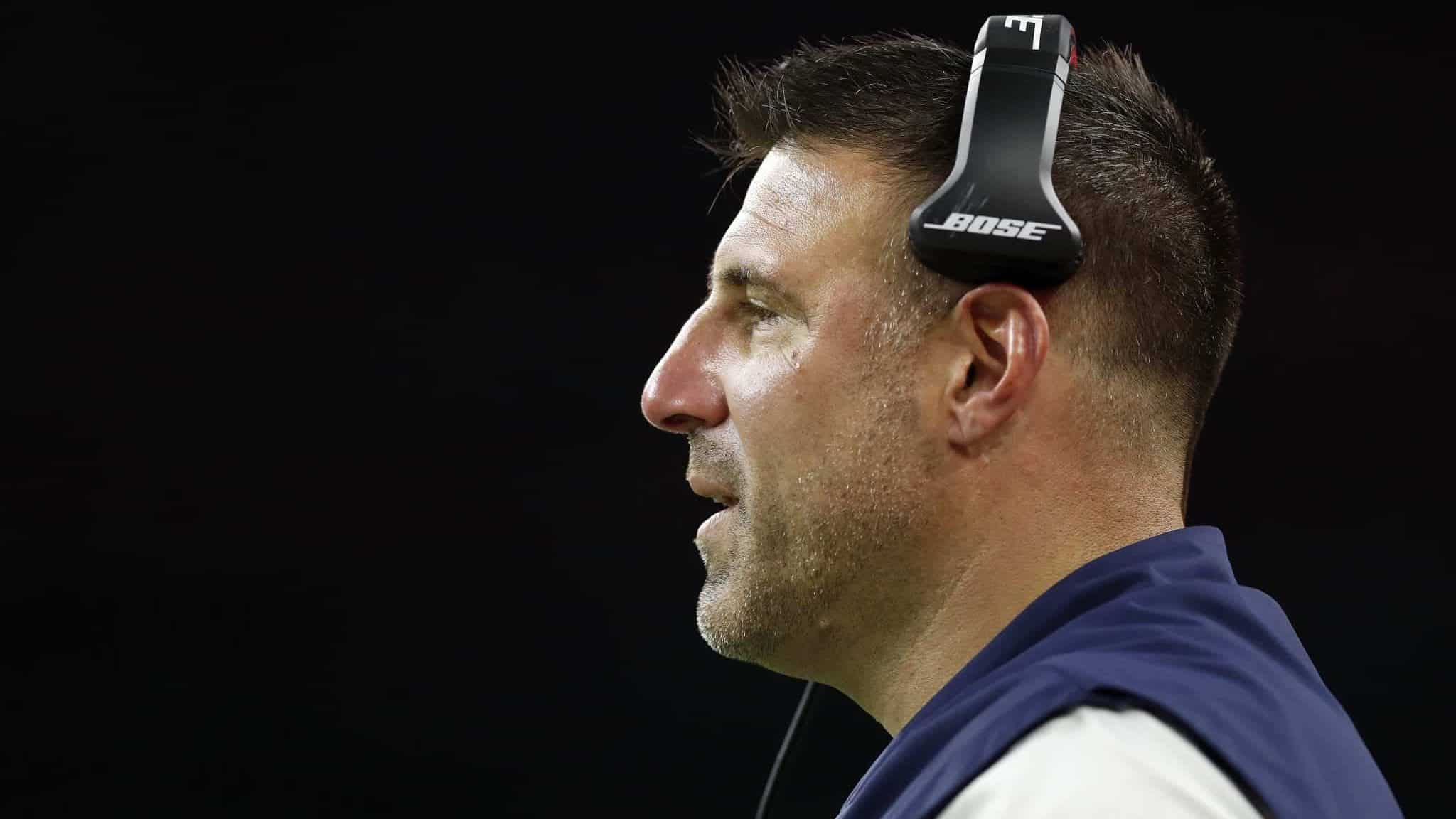HOUSTON, TX - DECEMBER 29: Head coach Mike Vrabel of the Tennessee Titans reacts in the second half against the Houston Texans at NRG Stadium on December 29, 2019 in Houston, Texas.