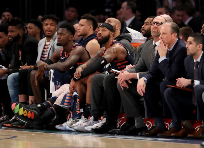 NEW YORK, NEW YORK - JANUARY 16: The New York Knicks bench reacts to the loss to the Phoenix Suns at Madison Square Garden on January 16, 2020 in New York City.The Phoenix Suns defeated the New York Knicks 121-98.NOTE TO USER: User expressly acknowledges and agrees that, by downloading and or using this photograph, User is consenting to the terms and conditions of the Getty Images License Agreement.