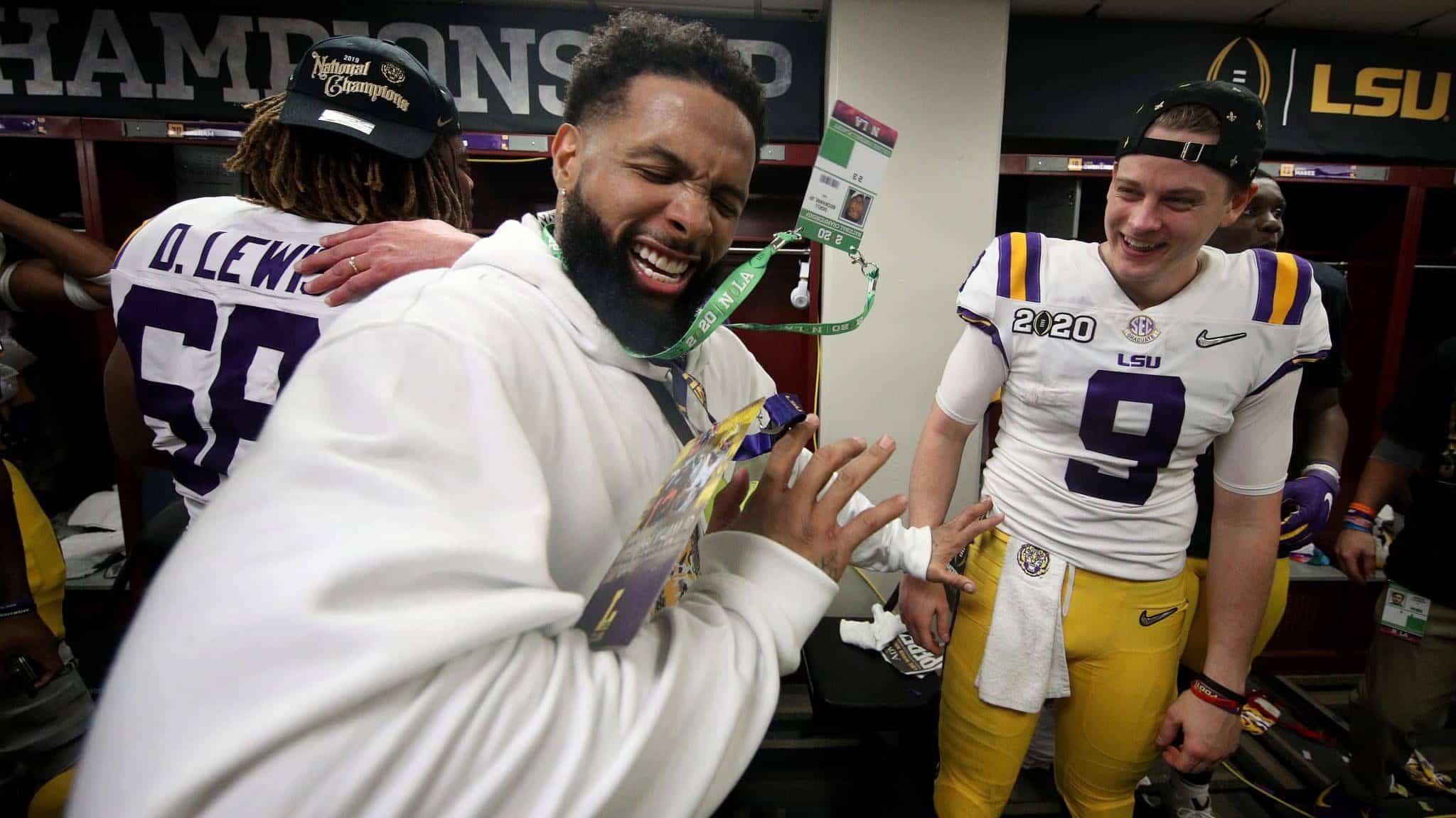 NEW ORLEANS, LOUISIANA - JANUARY 13: Odell Beckham Jr. celebrates in the locker room with Joe Burrow #9 of the LSU Tigers after their 42-25 win over Clemson Tigers in the College Football Playoff National Championship game at Mercedes Benz Superdome on January 13, 2020 in New Orleans, Louisiana.
