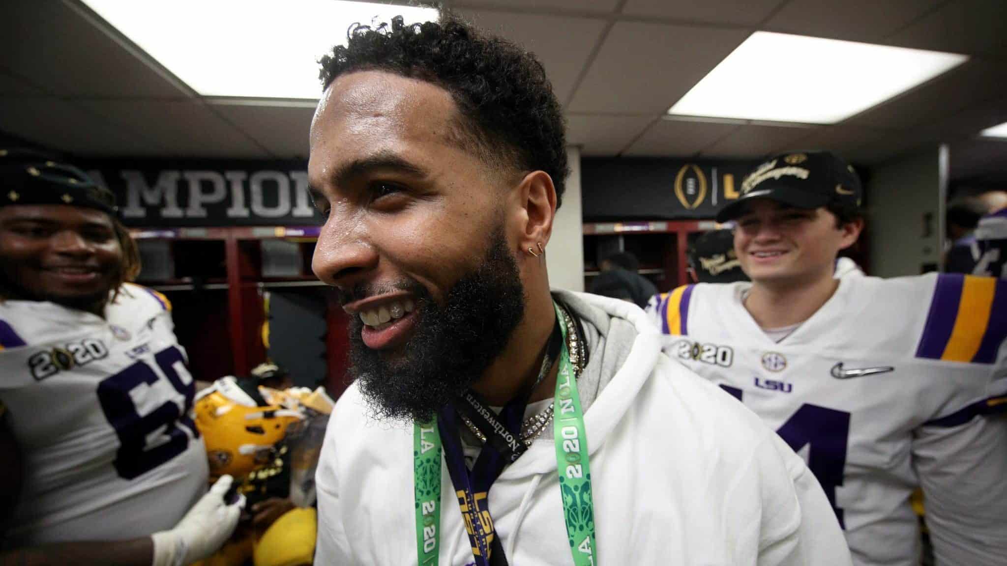 NEW ORLEANS, LOUISIANA - JANUARY 13: Odell Beckham Jr. celebrates in the locker room the LSU Tigers after their 42-25 win over Clemson Tigers in the College Football Playoff National Championship game at Mercedes Benz Superdome on January 13, 2020 in New Orleans, Louisiana.