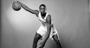 MADISON, NEW JERSEY - AUGUST 11: (EDITOR'S NOTE: THIS IMAGE HAS BEEN CONVERTED TO BLACK AND WHITE) RJ Barrett of the New York Knicks poses for a portrait during the 2019 NBA Rookie Photo Shoot on August 11, 2019 at the Ferguson Recreation Center in Madison, New Jersey.