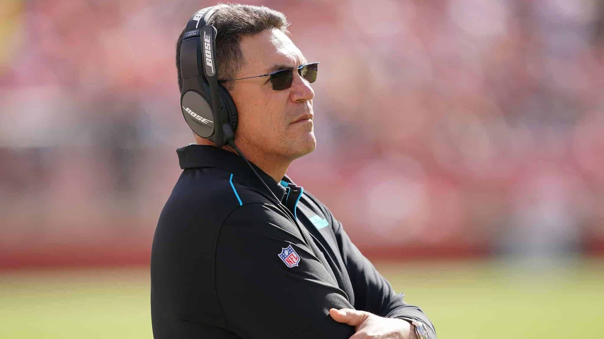 SANTA CLARA, CALIFORNIA - OCTOBER 27: Head coach Ron Rivera of the Carolina Panthers looks on from the sidelines against the San Francisco 49ers during an NFL football game at Levi's Stadium on October 27, 2019 in Santa Clara, California.