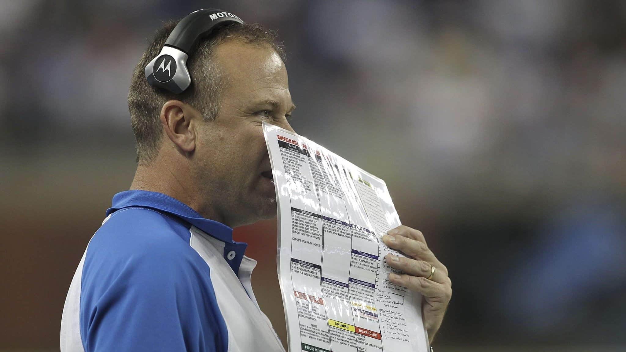 DETROIT - SEPTEMBER 02: Detroit Lions offensive coordinator Scott Linehan calls the plays during the fourth quarter of the preseason game at Ford Field on September 2, 2010 in Detroit, Michigan. The Lions defeated the Bills 28-23.