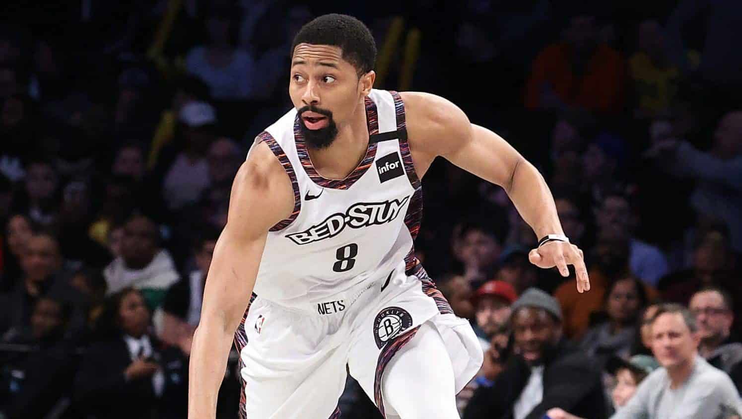 NEW YORK, NEW YORK - JANUARY 18: Spencer Dinwiddie #8 of the Brooklyn Nets in action against the Milwaukee Bucks during their game at Barclays Center on January 18, 2020 in New York City. NOTE TO USER: User expressly acknowledges and agrees that, by downloading and/or using this photograph, user is consenting to the terms and conditions of the Getty Images License Agreement.