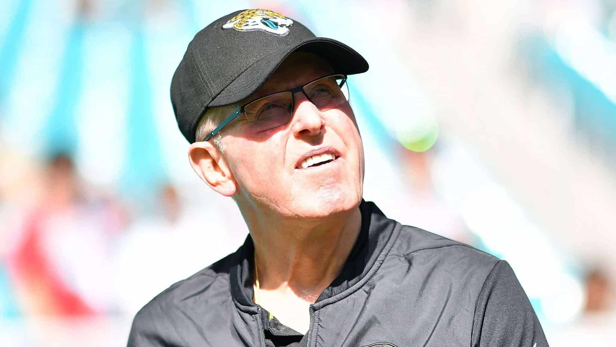 MIAMI, FLORIDA - DECEMBER 23: Executive vice president of football operations Tom Coughlin of the Jacksonville Jaguars looks on prior to their game against the Miami Dolphins at Hard Rock Stadium on December 23, 2018 in Miami, Florida.