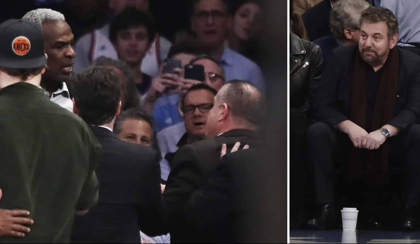 FILE - At left, in a Feb. 8, 2017, file photo, former New York Knicks player Charles Oakley, rear left, exchanges words with a security guard during the first half of an NBA basketball game between the Knicks and the Los Angeles Clippers, in New York. At right, also in a Feb. 8, 2017, file photo, Madison Square Garden Executive Chairman James Dolan watches the altercation. Oakley has sued the team's owners, saying he was defamed when they claimed he committed assault and was an alcoholic. The lawsuit details how Oakley was treated before and after he was forcefully removed from Madison Square Garden during a Feb. 8 game. The lawsuit filed Tuesday, Sept. 12, 2017, seeks unspecified damages.
