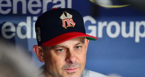 ST. PETERSBURG, FLORIDA - JULY 04: Manager Aaron Boone #17 of the New York Yankees answers questions from reporters before a baseball game against the Tampa Bay Rays at Tropicana Field on July 04, 2019 in St. Petersburg, Florida.