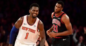 NEW YORK, NEW YORK - OCTOBER 28: Bobby Portis #1 of the New York Knicks reacts during second-half action against the Chicago Bulls at Madison Square Garden on October 28, 2019 in New York City. The Knicks won 105-98. NOTE TO USER: User expressly acknowledges and agrees that, by downloading and or using this Photograph, user is consenting to the terms and conditions of the Getty Images License Agreement.