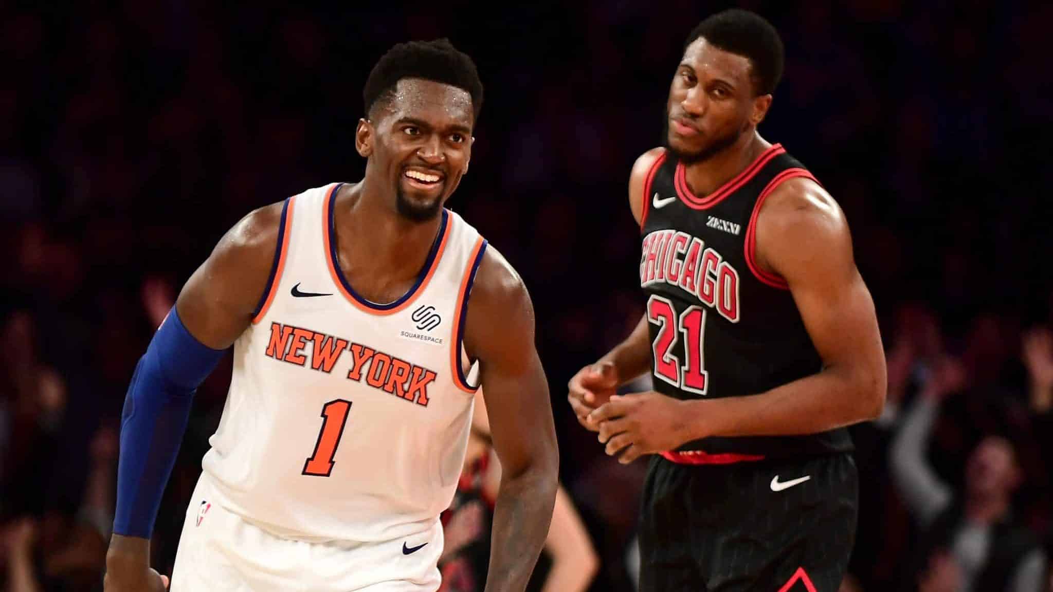 NEW YORK, NEW YORK - OCTOBER 28: Bobby Portis #1 of the New York Knicks reacts during second-half action against the Chicago Bulls at Madison Square Garden on October 28, 2019 in New York City. The Knicks won 105-98. NOTE TO USER: User expressly acknowledges and agrees that, by downloading and or using this Photograph, user is consenting to the terms and conditions of the Getty Images License Agreement.