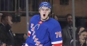 NEW YORK, NEW YORK - JANUARY 19: Brady Skjei #76 of the New York Rangers celebrates his goal at 18:23 of the first period against the Columbus Blue Jackets at Madison Square Garden on January 19, 2020 in New York City.