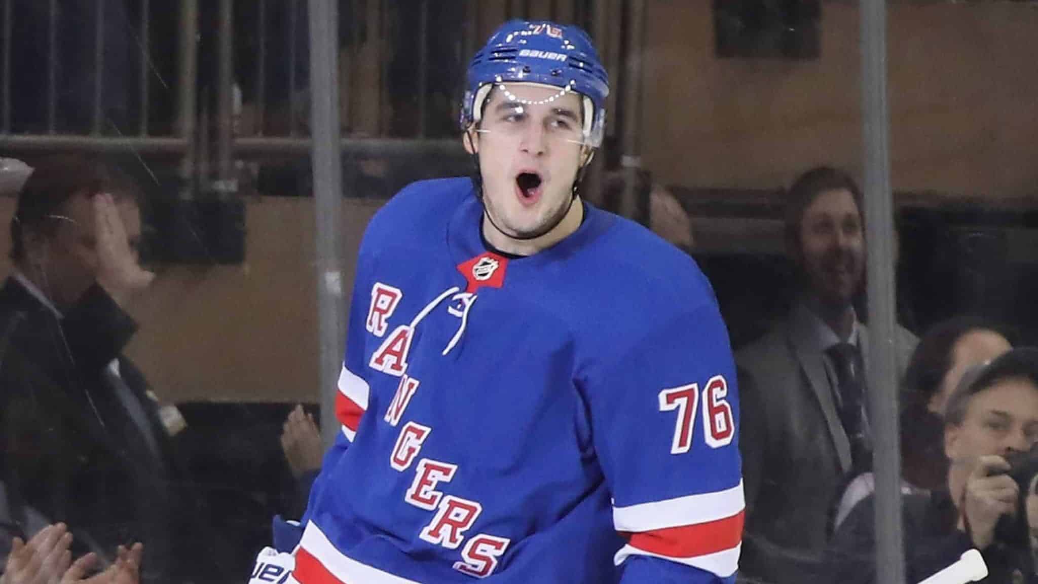 NEW YORK, NEW YORK - JANUARY 19: Brady Skjei #76 of the New York Rangers celebrates his goal at 18:23 of the first period against the Columbus Blue Jackets at Madison Square Garden on January 19, 2020 in New York City.