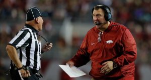 TUSCALOOSA, AL - OCTOBER 14: Head coach Bret Bielema of the Arkansas Razorbacks questions an official during the game against the Alabama Crimson Tide at Bryant-Denny Stadium on October 14, 2017 in Tuscaloosa, Alabama.