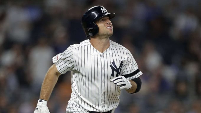 NEW YORK, NY - SEPTEMBER 3: Brett Gardner #11 of the New York Yankees watches his two run home run against the Texas Rangers during the sixth inning at Yankee Stadium on September 3, 2019 in the Bronx borough of New York City.