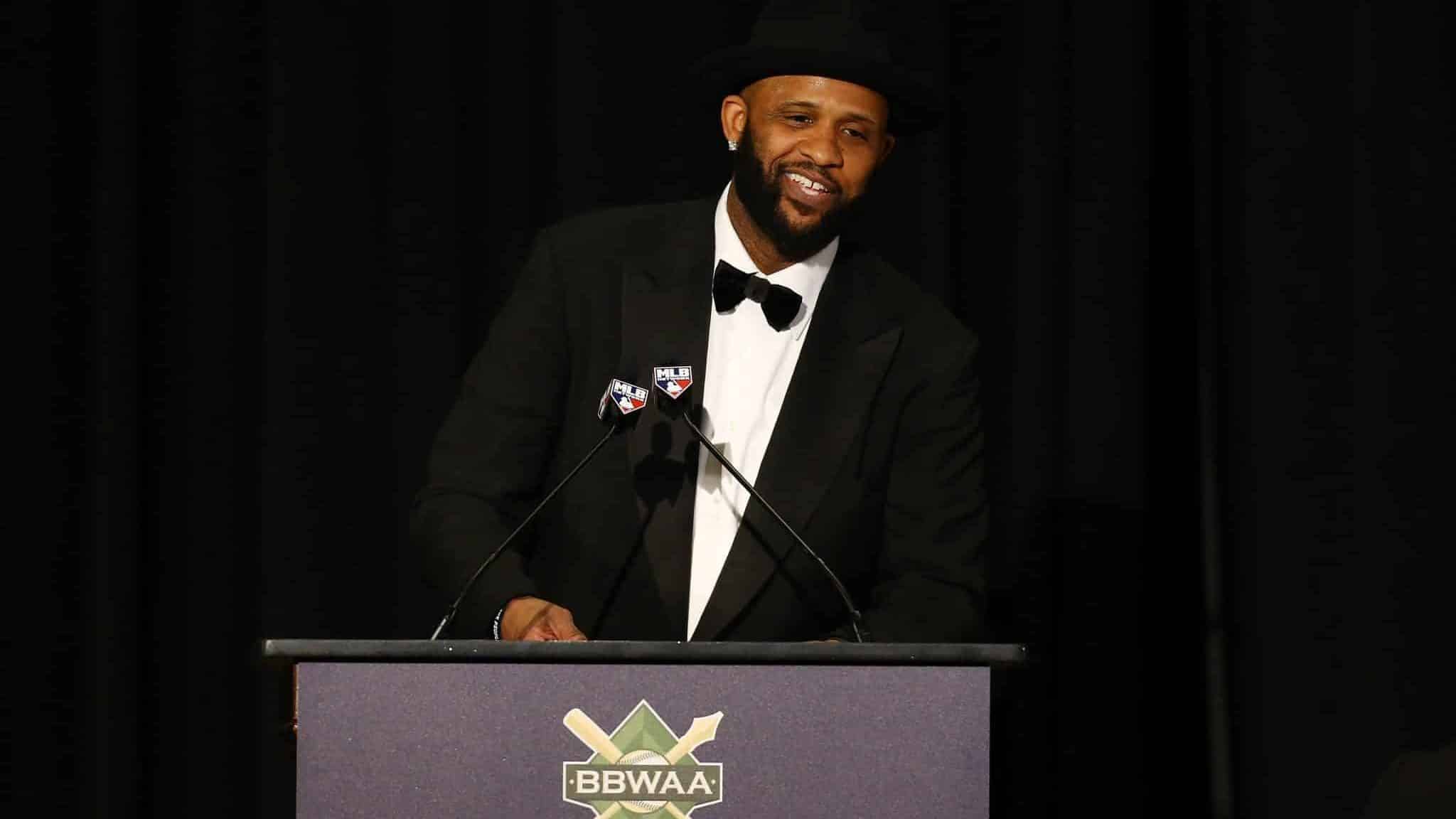 NEW YORK, NEW YORK - JANUARY 25: CC Sabathia of the New York Yankees speaks after receiving the William J. Slocum-Jack Lang Award for Long and Meritorious Service during the 97th annual New York Baseball Writers' Dinner on January 25, 2020 Sheraton New York in New York City.