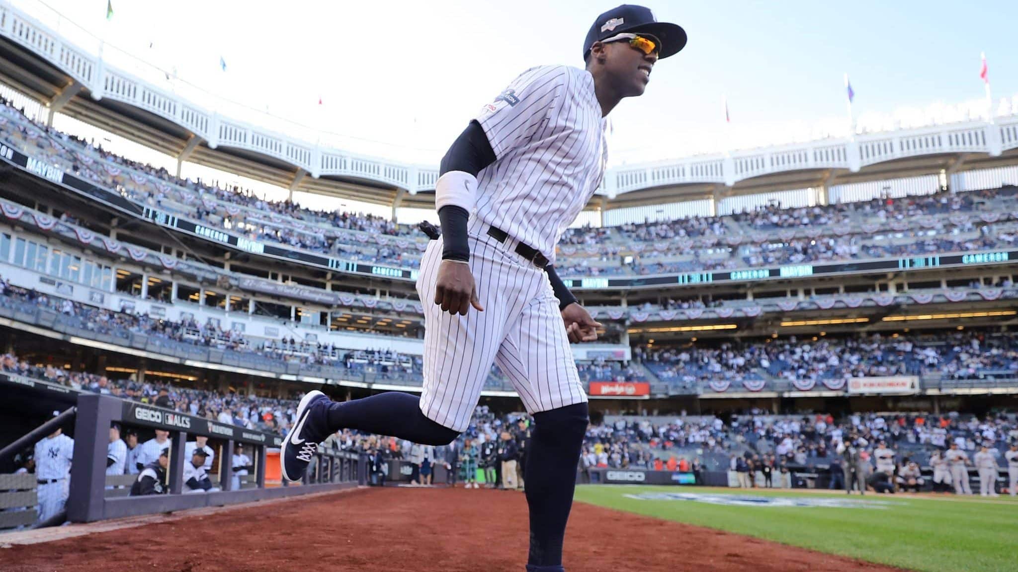 NEW YORK, NEW YORK - OCTOBER 15: Cameron Maybin #38 of the New York Yankees takes the field as he is introduced prior to game three of the American League Championship Series against the Houston Astros at Yankee Stadium on October 15, 2019 in New York City.