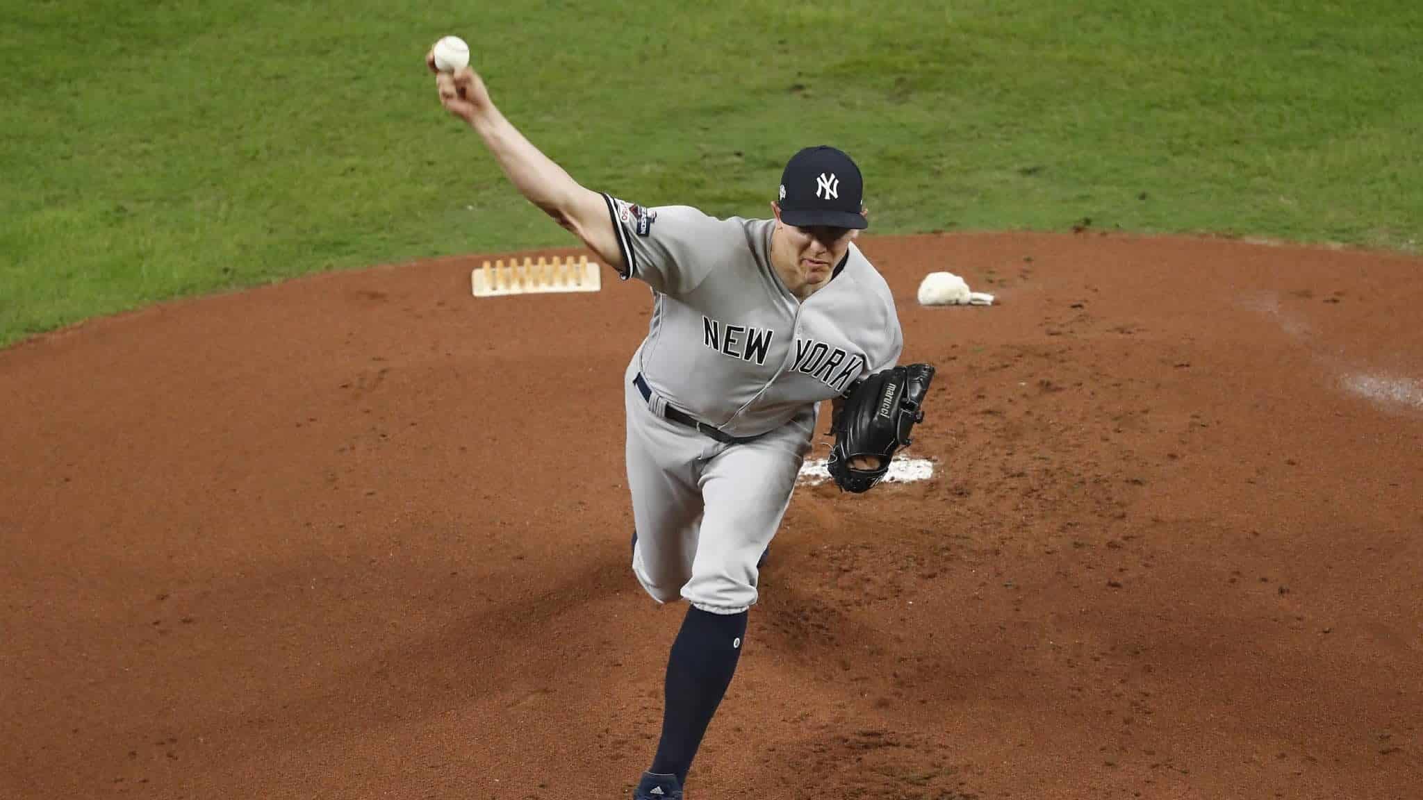 HOUSTON, TX - OCTOBER 19: Chad Green #57 of the New York Yankees pitches in the first inning against the Houston Astros during Game Six of the League Championship Series at Minute Maid Park on October 19, 2019 in Houston, Texas.