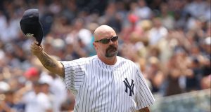 NEW YORK, NY - JUNE 26: David Wells is introduced during The New York Yankees 65th Old Timers Day game on June 26, 2011 at Yankee Stadium in the Bronx borough of New York City.