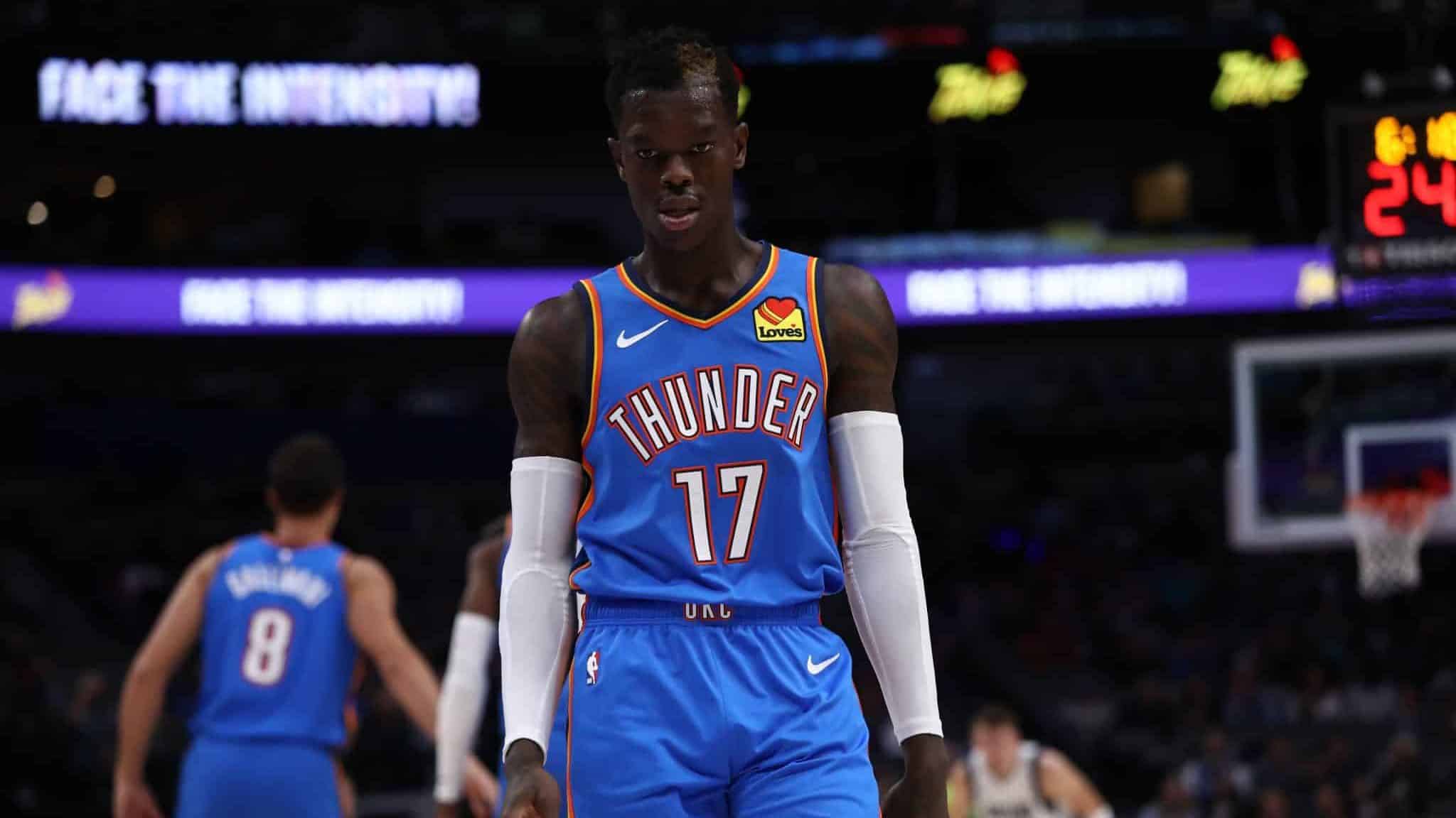 DALLAS, TEXAS - OCTOBER 14: Dennis Schroder #17 of the Oklahoma City Thunder during a preseason game at American Airlines Center on October 14, 2019 in Dallas, Texas.