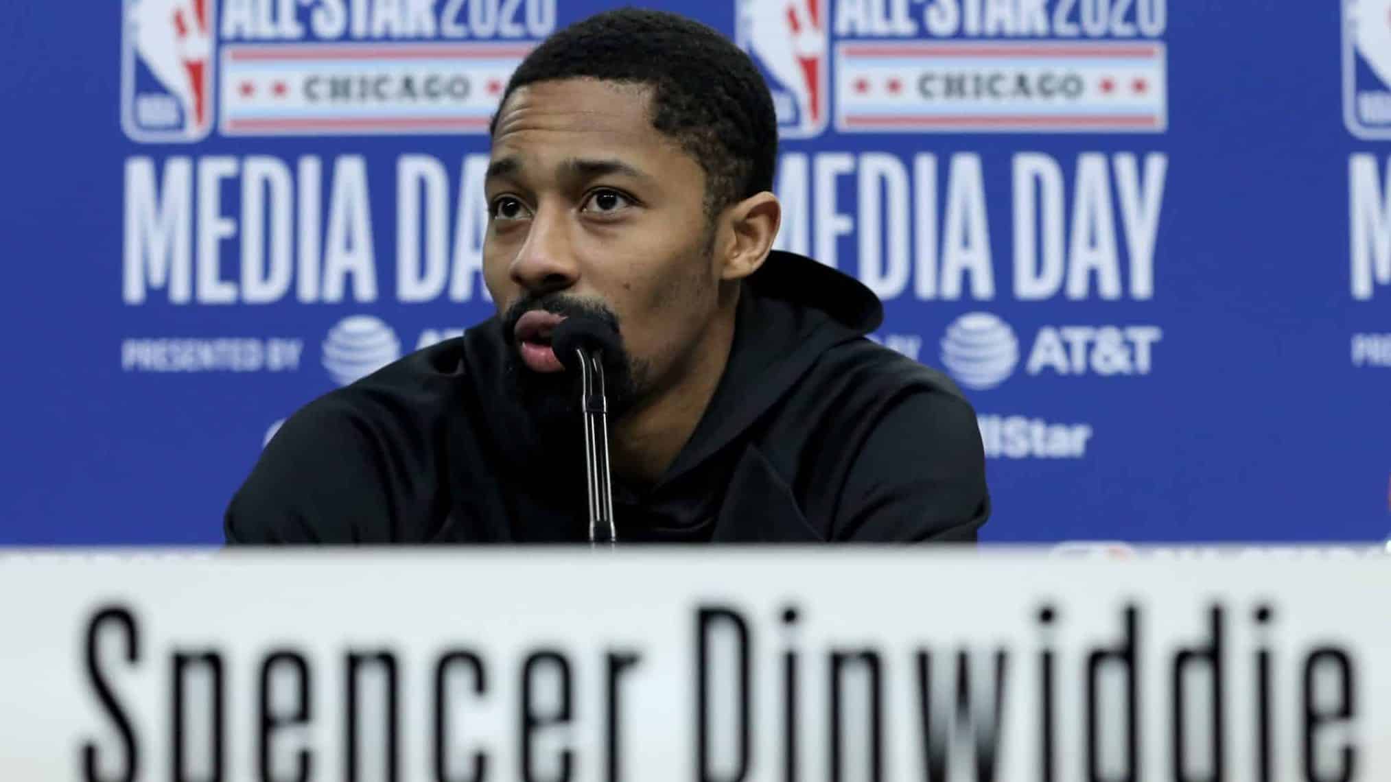 CHICAGO, ILLINOIS - FEBRUARY 15: Spencer Dinwiddie of the Brooklyn Nets speaks to the media during 2020 NBA All-Star - Practice & Media Day at Wintrust Arena on February 15, 2020 in Chicago, Illinois.