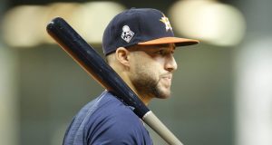 HOUSTON, TEXAS - OCTOBER 30: George Springer #4 of the Houston Astros looks on during batting practice prior to Game Seven of the 2019 World Series against the Washington Nationals at Minute Maid Park on October 30, 2019 in Houston, Texas.
