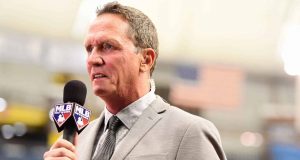 ST PETERSBURG, FL - SEPTEMBER 27: David Cone formally of the New York Yankees gets interviewed during pregame before the Tampa Bay Rays play against the New York Yankees on September 27, 2018 at Tropicana Field in St Petersburg, Florida.