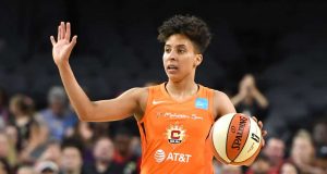 LAS VEGAS, NEVADA - JUNE 02: Layshia Clarendon #23 of the Connecticut Sun sets up a play against the Las Vegas Aces during their game at the Mandalay Bay Events Center on June 2, 2019 in Las Vegas, Nevada. The Sun defeated the Aces 80-74. NOTE TO USER: User expressly acknowledges and agrees that, by downloading and or using this photograph, User is consenting to the terms and conditions of the Getty Images License Agreement.