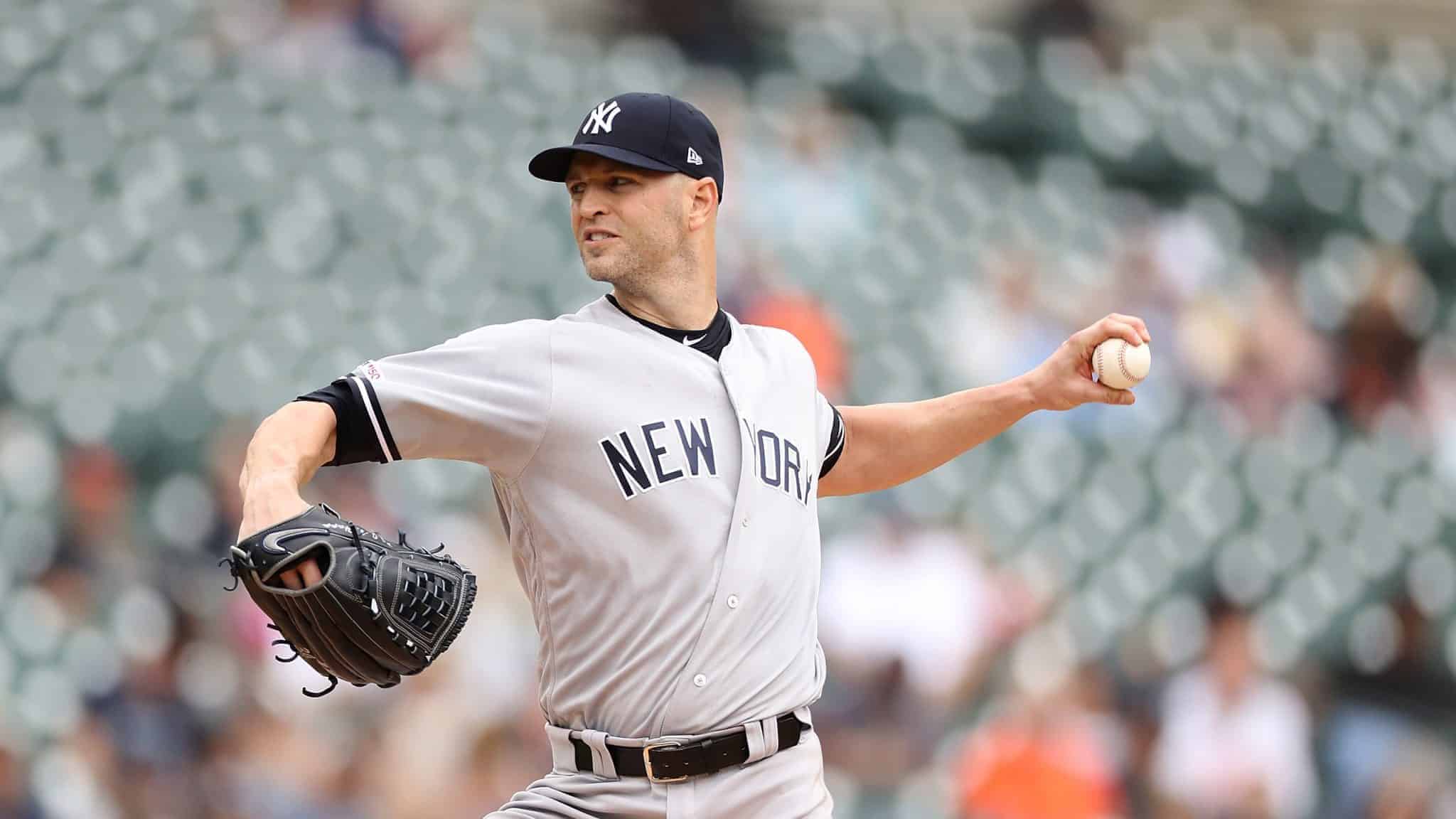 DETROIT, MI - SEPTEMBER 12: J.A. Happ #34 of the New York Yankees pitches during the first inning of the game against the Detroit Tigers in game one of a double header at Comerica Park on September 12, 2019 in Detroit, Michigan.