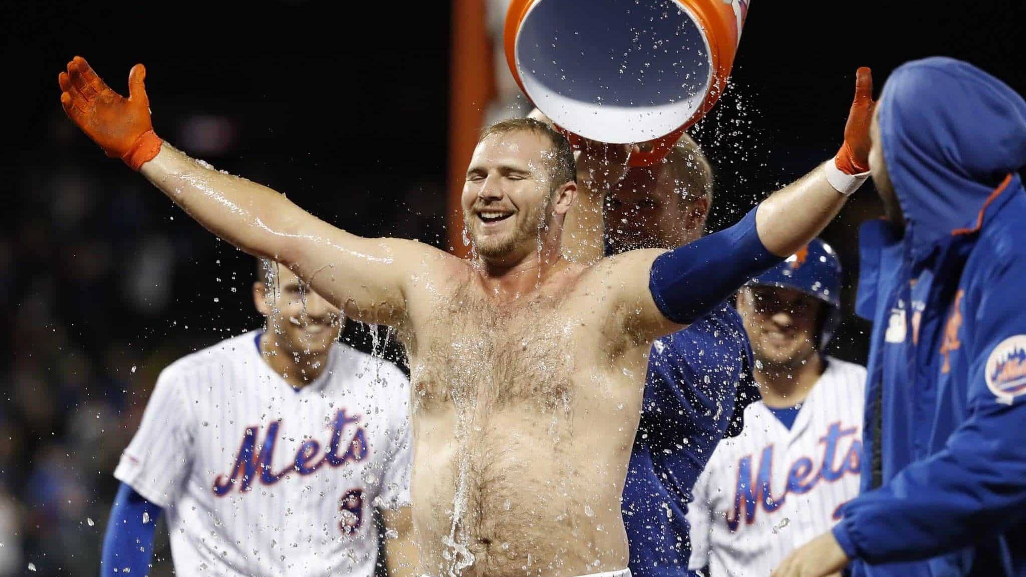 NEW YORK, NEW YORK - SEPTEMBER 06: Pete Alonso #20 of the New York Mets celebrates with teammates after defeating the Philadelphia Phillies with a walk-off walk in the ninth inning during a game at Citi Field on September 06, 2019 in New York City. The Mets defeated the Phillies 5-4.