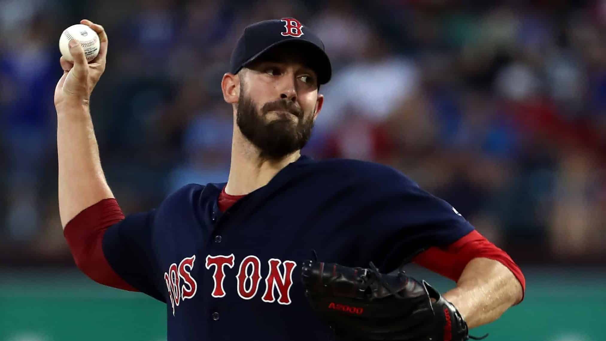ARLINGTON, TEXAS - SEPTEMBER 25: Rick Porcello #22 of the Boston Red Sox throws against the Texas Rangers in the first inning at Globe Life Park in Arlington on September 25, 2019 in Arlington, Texas.