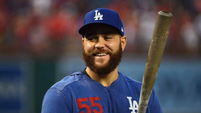 WASHINGTON, DC - OCTOBER 06: Russell Martin #55 of the Los Angeles Dodgers looks on during batting practice prior to game three of the National League Division Series against the Washington Nationals at Nationals Park on October 06, 2019 in Washington, DC.