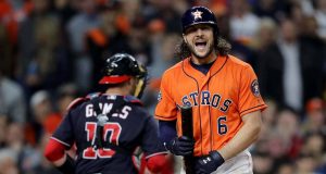 HOUSTON, TEXAS - OCTOBER 30: Jake Marisnick #6 of the Houston Astros reacts after striking out against the Washington Nationals during the eighth inning in Game Seven of the 2019 World Series at Minute Maid Park on October 30, 2019 in Houston, Texas.