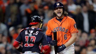 HOUSTON, TEXAS - OCTOBER 30: Jake Marisnick #6 of the Houston Astros reacts after striking out against the Washington Nationals during the eighth inning in Game Seven of the 2019 World Series at Minute Maid Park on October 30, 2019 in Houston, Texas.