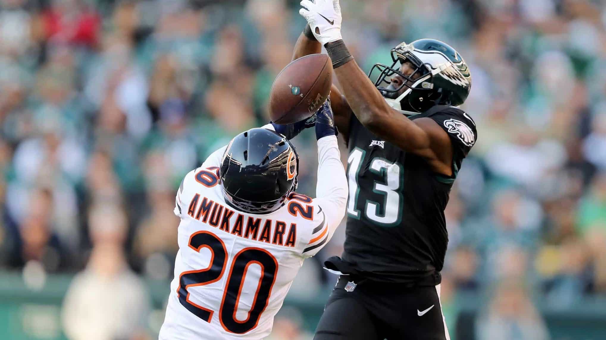 PHILADELPHIA, PENNSYLVANIA - NOVEMBER 03: Prince Amukamara #20 of the Chicago Bears breaks up a pass intended for Nelson Agholor #13 of the Philadelphia Eagles at Lincoln Financial Field on November 03, 2019 in Philadelphia, Pennsylvania.The Philadelphia Eagles defeated the Chicago Bears 22-14.