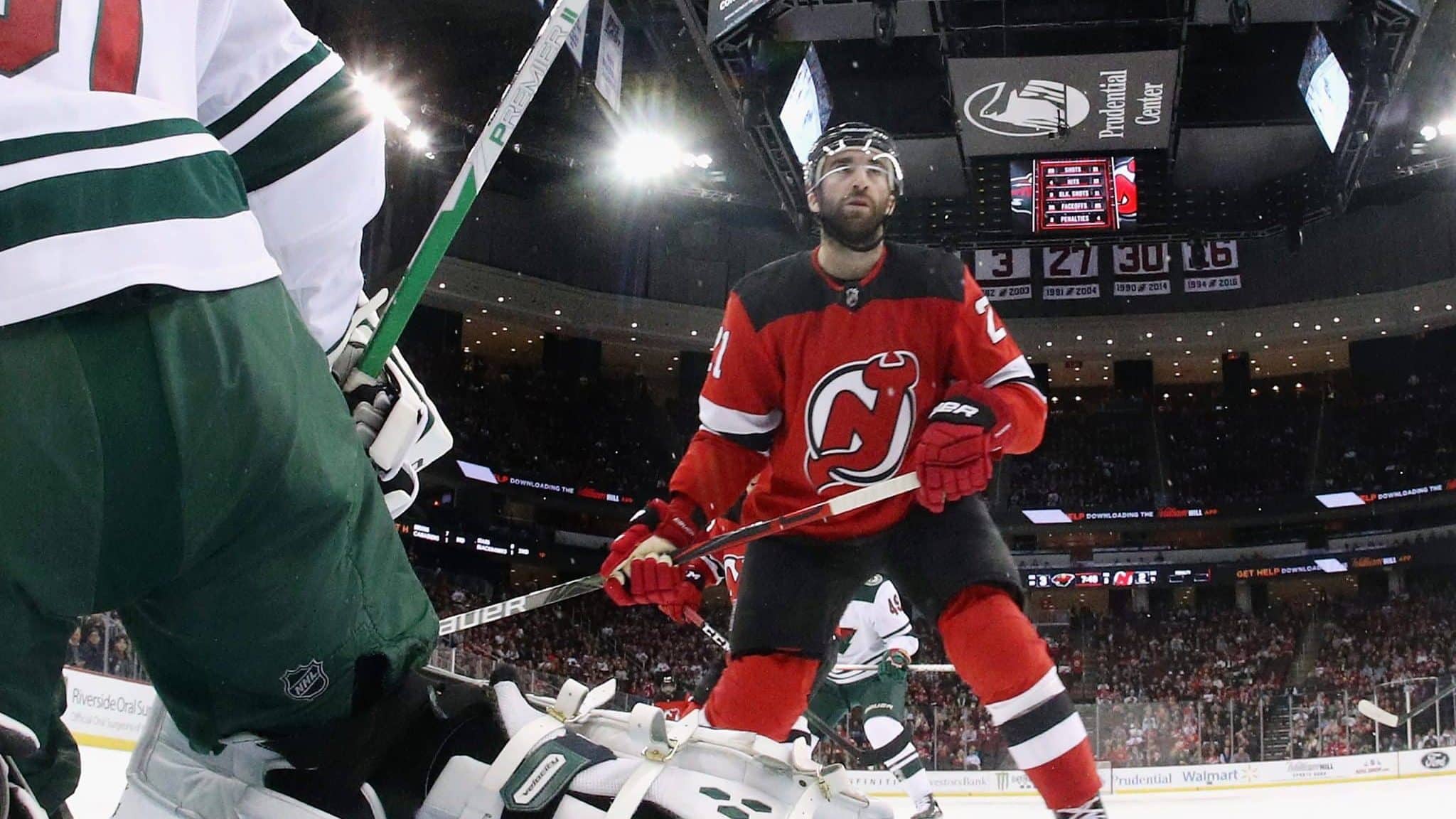 NEWARK, NEW JERSEY - NOVEMBER 26: Kyle Palmieri #21 of the New Jersey Devils skates against the Minnesota Wild at the Prudential Center on November 26, 2019 in Newark, New Jersey.