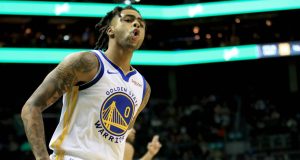 CHARLOTTE, NORTH CAROLINA - DECEMBER 04: D'Angelo Russell #0 of the Golden State Warriors reacts after making a basket against the Charlotte Hornets during their game at Spectrum Center on December 04, 2019 in Charlotte, North Carolina. NOTE TO USER: User expressly acknowledges and agrees that, by downloading and or using this photograph, User is consenting to the terms and conditions of the Getty Images License Agreement. (Photo by Streeter Lecka/Getty Images)
