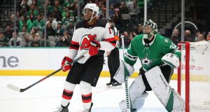 DALLAS, TEXAS - DECEMBER 10: Wayne Simmonds #17 of the New Jersey Devils and Ben Bishop #30 of the Dallas Stars in the second period at American Airlines Center on December 10, 2019 in Dallas, Texas.