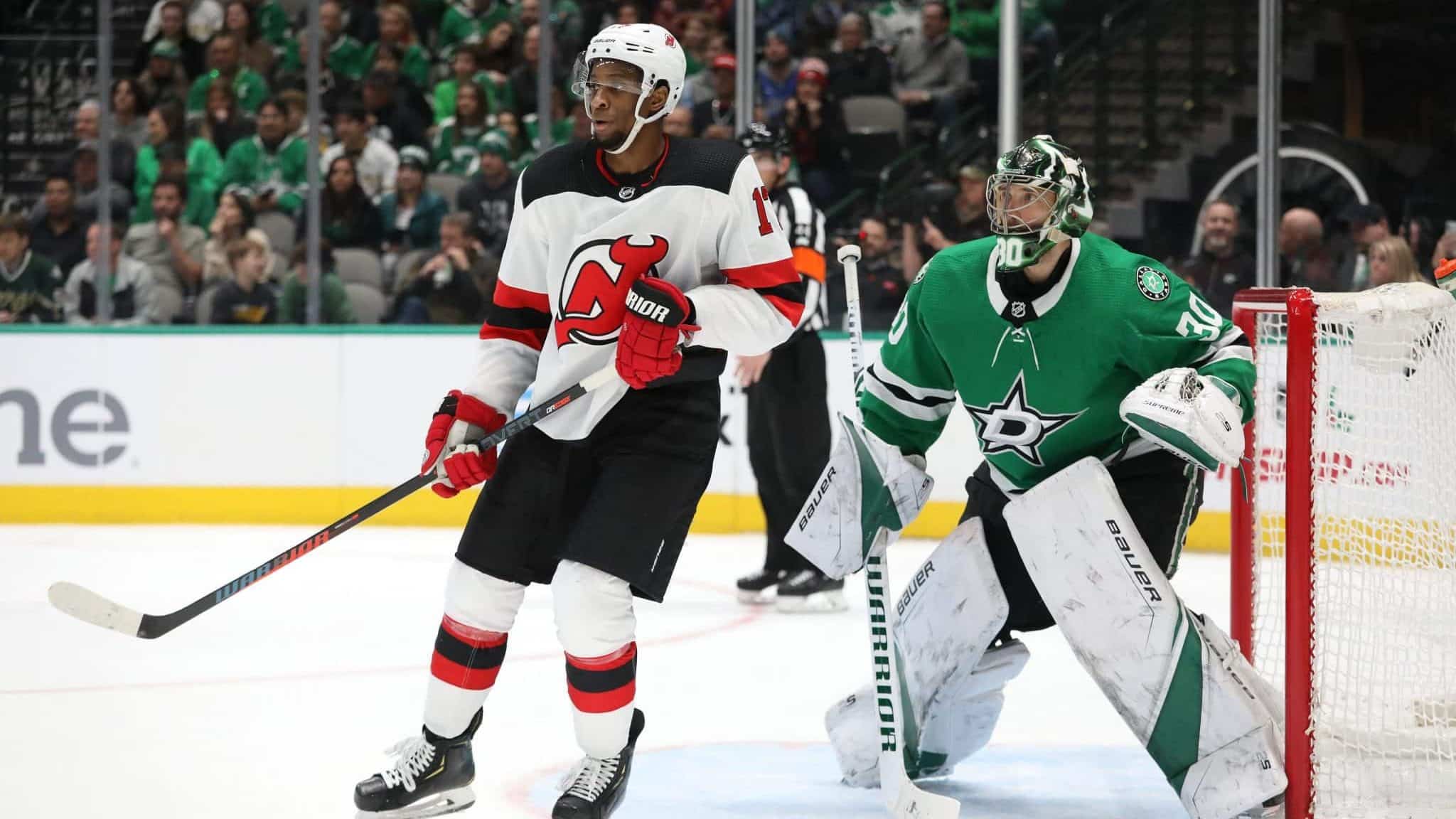 DALLAS, TEXAS - DECEMBER 10: Wayne Simmonds #17 of the New Jersey Devils and Ben Bishop #30 of the Dallas Stars in the second period at American Airlines Center on December 10, 2019 in Dallas, Texas.