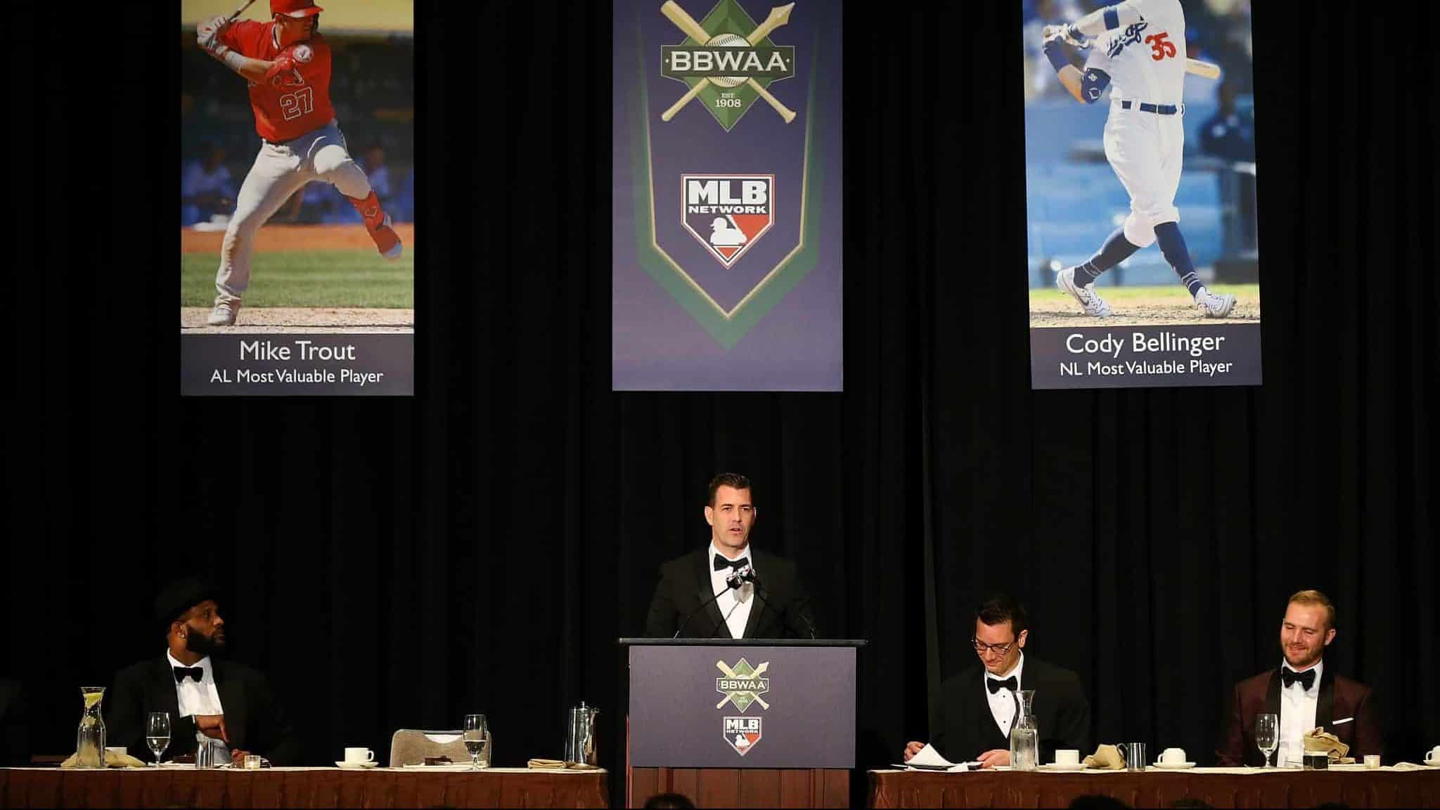 NEW YORK, NEW YORK - JANUARY 25: General Manager Brodie Van Wagenen of the New York Mets speaks during the 97th annual New York Baseball Writers' Dinner on January 25, 2020 Sheraton New York in New York City.