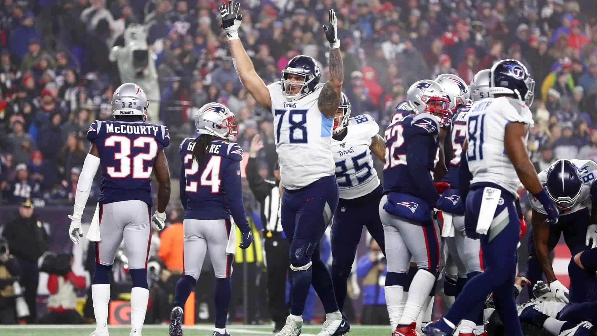FOXBOROUGH, MASSACHUSETTS - JANUARY 04: Jack Conklin #78 of the Tennessee Titans reacts as they take on the New England Patriots in the first half o the AFC Wild Card Playoff game at Gillette Stadium on January 04, 2020 in Foxborough, Massachusetts. The Tennessee Titans won 20-13.