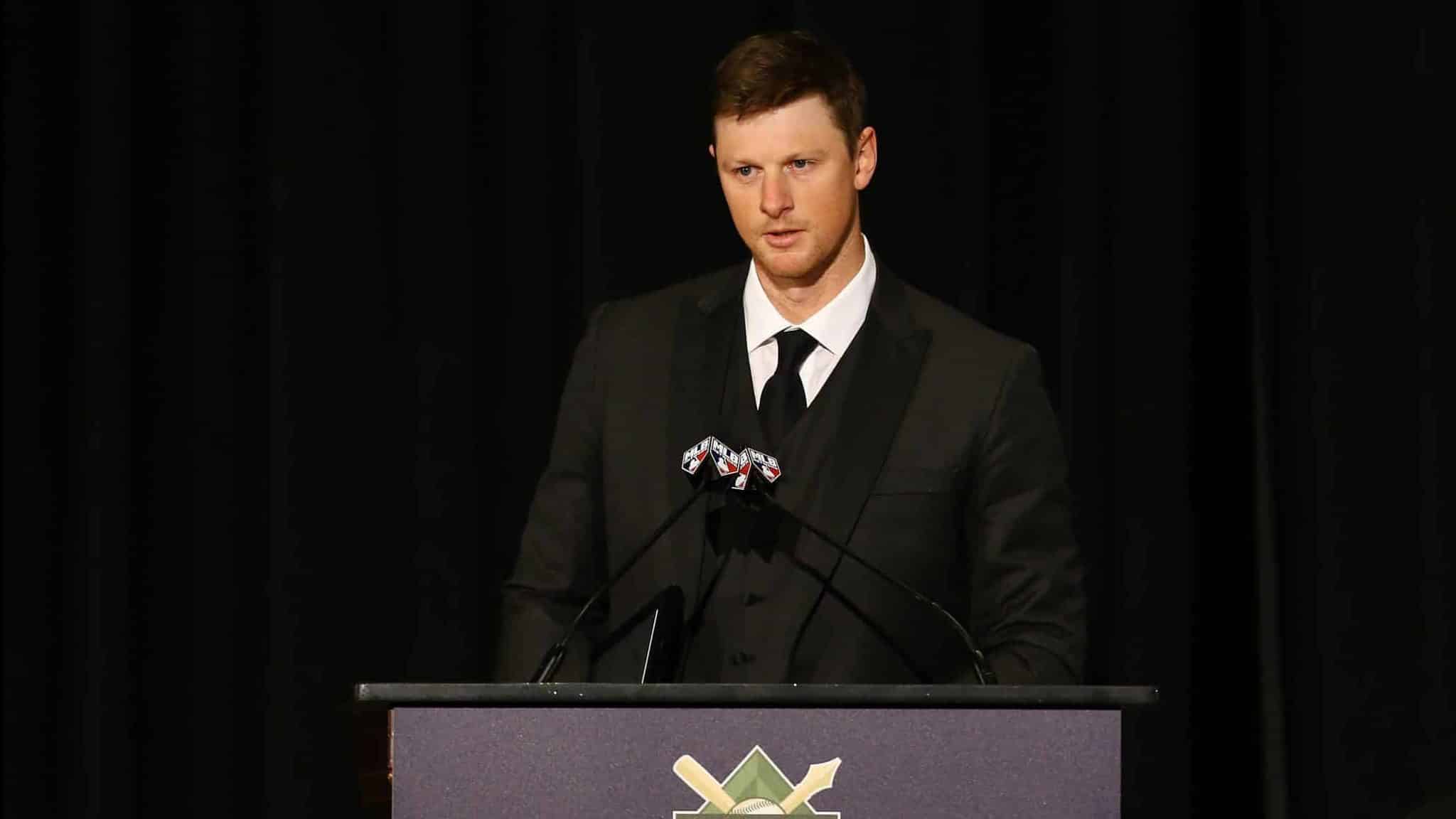 NEW YORK, NEW YORK - JANUARY 25: DJ LeMahieu of the New York Yankees speaks after receiving the Sid Mercer-Dick Young 