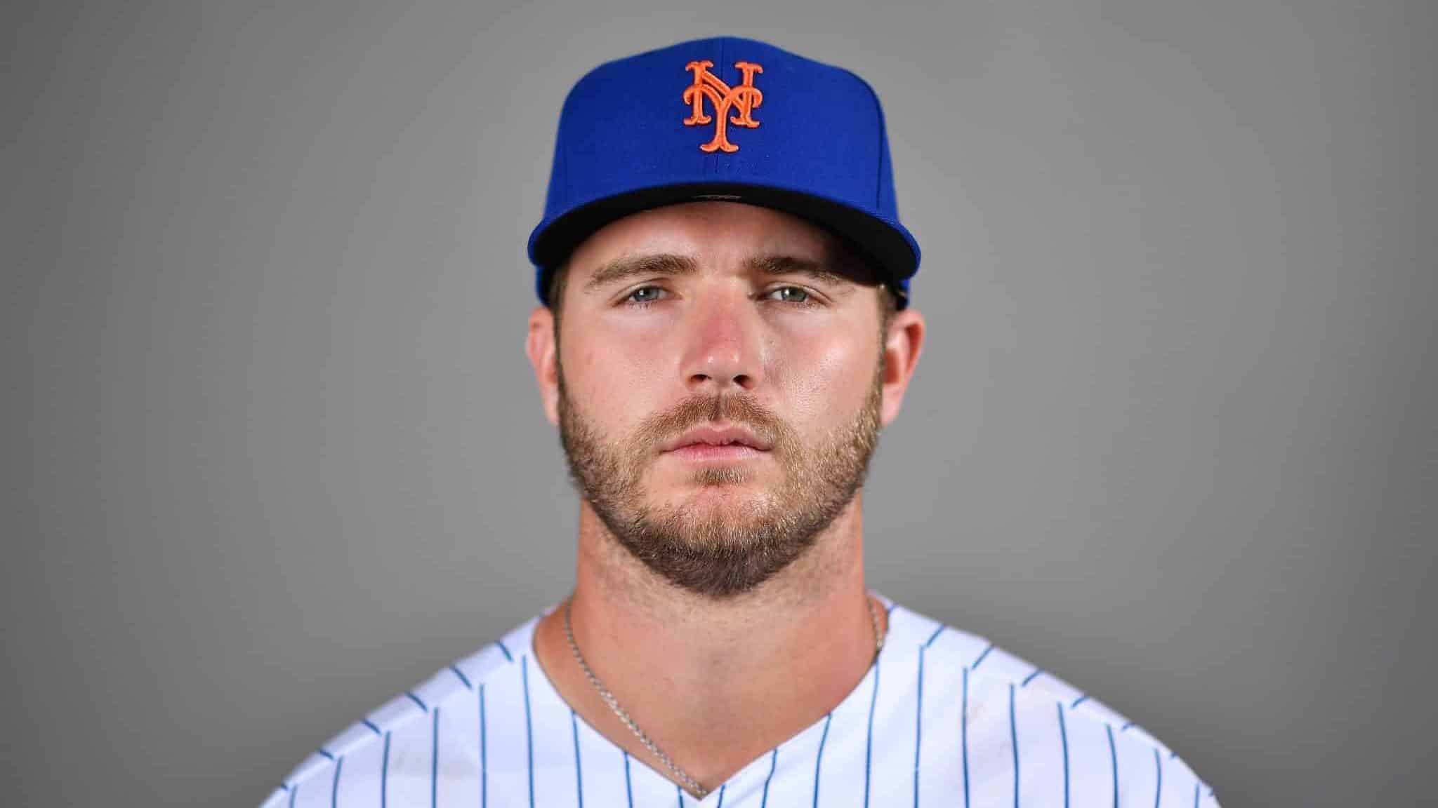 PORT ST. LUCIE, FLORIDA - FEBRUARY 20: Pete Alonso #20 of the New York Mets poses for a photo during Photo Day at Clover Park on February 20, 2020 in Port St. Lucie, Florida.