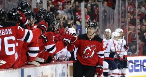 NEWARK, NEW JERSEY - FEBRUARY 22: Damon Severson #28 of the New Jersey Devils celebrates his game winning goal at 18:01 of the third period against the Washington Capitals at the Prudential Center on February 22, 2020 in Newark, New Jersey. The Devils defeated the Capitals 3-2.