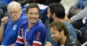 NEW YORK, NY - JUNE 09: Television host and comedian Jimmy Fallon (2nd from L) and professional baseball player Matt Harvey attends game 3 of the 2014 NHL Stanley Cup Final at Madison Square Garden on June 9, 2014 in New York City.